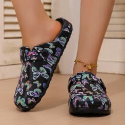 New Women's Wedge-Heel Slip-On Slippers Black Butterfly Print EVA Slippers Casual Comfort for Everyday Wear Versatile Home Slipp