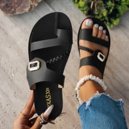 Summer Ladies Flat Sandals Fashion Diamond Buckle Elegant Woven Strap Comfortable Easy-To-Wear Thong Slippers