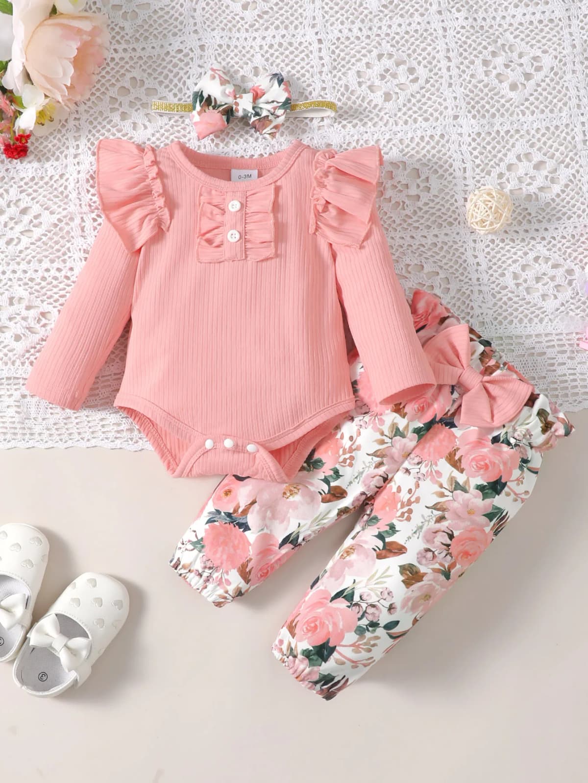 Sweet Fresh Floral Lace Baby Girl Outfit Comfortable Easy to Wear off Shoulder Print Design Baby Girl Set
