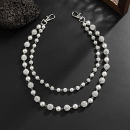 Salircon Hip Hop Trendy Imitation Pearl Rhinestone Ball DoubleLayer Pants Chain Men Simple Trouser Jeans Chain Keychain Jewelry