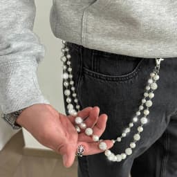 Salircon Hip Hop Trendy Imitation Pearl Rhinestone Ball DoubleLayer Pants Chain Men Simple Trouser Jeans Chain Keychain Jewelry