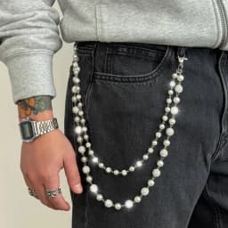 Salircon Hip Hop Trendy Imitation Pearl Rhinestone Ball DoubleLayer Pants Chain Men Simple Trouser Jeans Chain Keychain Jewelry