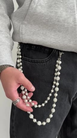 Salircon Hip Hop Trendy Imitation Pearl Rhinestone Ball DoubleLayer Pants Chain Men Simple Trouser Jeans Chain Keychain Jewelry