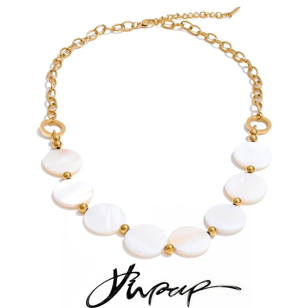 Yhpup New Stainless Steel Natural Shell Round Chain Statement Necklace 16K Gold Platinum Color PVD Plated Handmade Jewelry Gift
