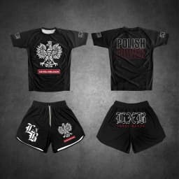 2025 Polish Power Level Black Sports T-shirts & Shorts Set Men's Eagle Print Rash Guard & Shorts Quick Drying MMA Training Suit