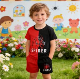 Boys' Summer Red-Black Color Block Short-Sleeve Set 3D Print Casual Kids' Two-Piece Outfit