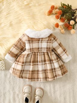 Baby Girl Plush Plaid Faux-Fur Dress with Peter Pan Collar – Winter Holiday Outfit