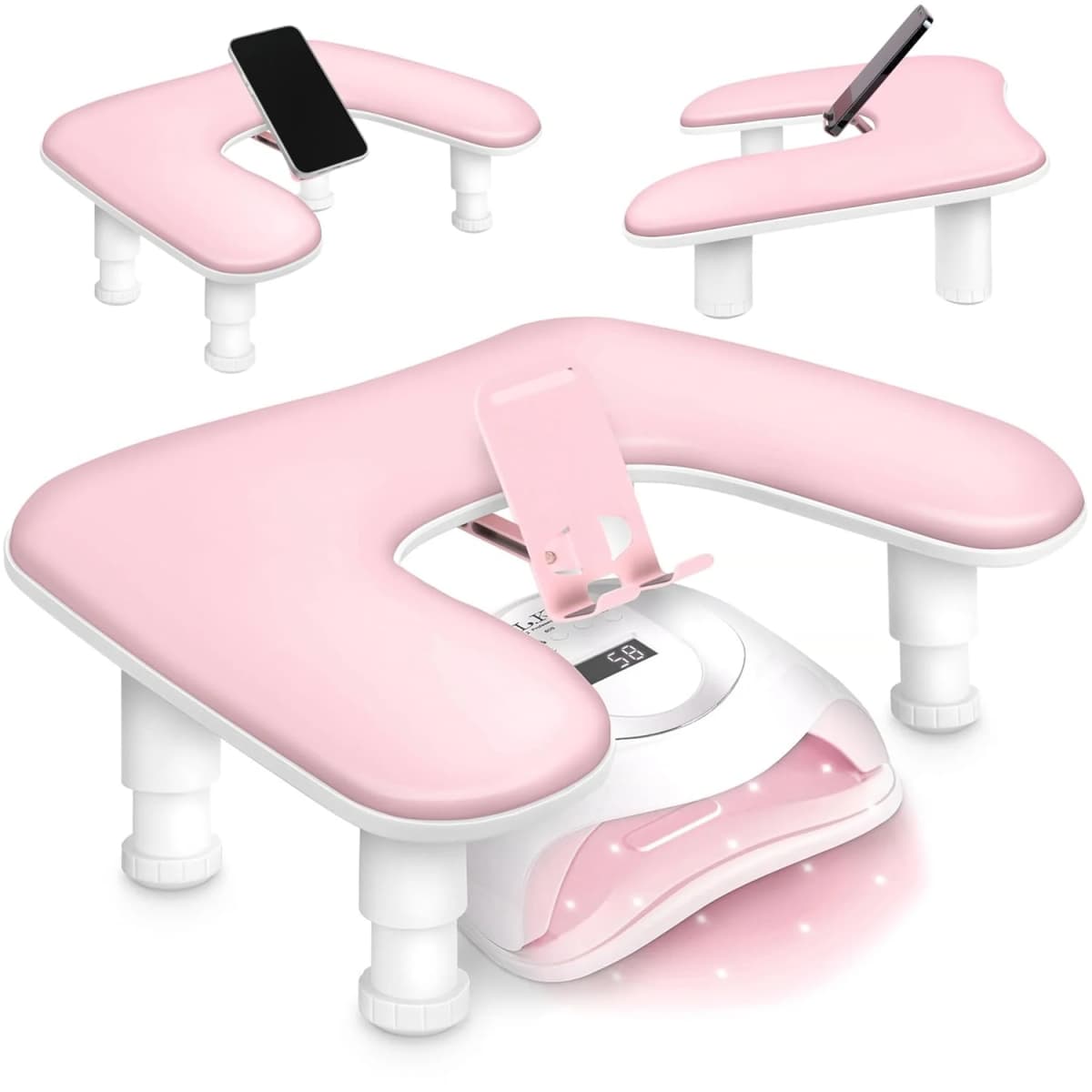 1pcs Pink Adjustable Height Nail Arm Rest with Rotating Phone Holder PU Leather Nail Tech Arm Rest, U-Shaped Hand Rest