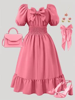 Spring And Summer Women's Plus-Size Casual Cute Elegant Off-Shoulder Lantern Sleeve Bow Solid Color Puff Dress