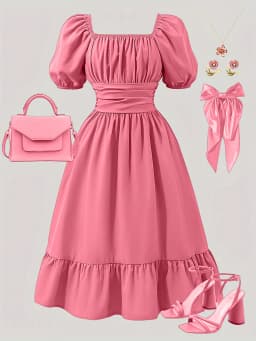 Spring And Summer Women's Plus-Size Casual Cute Elegant Off-Shoulder Lantern Sleeve Bow Solid Color Puff Dress