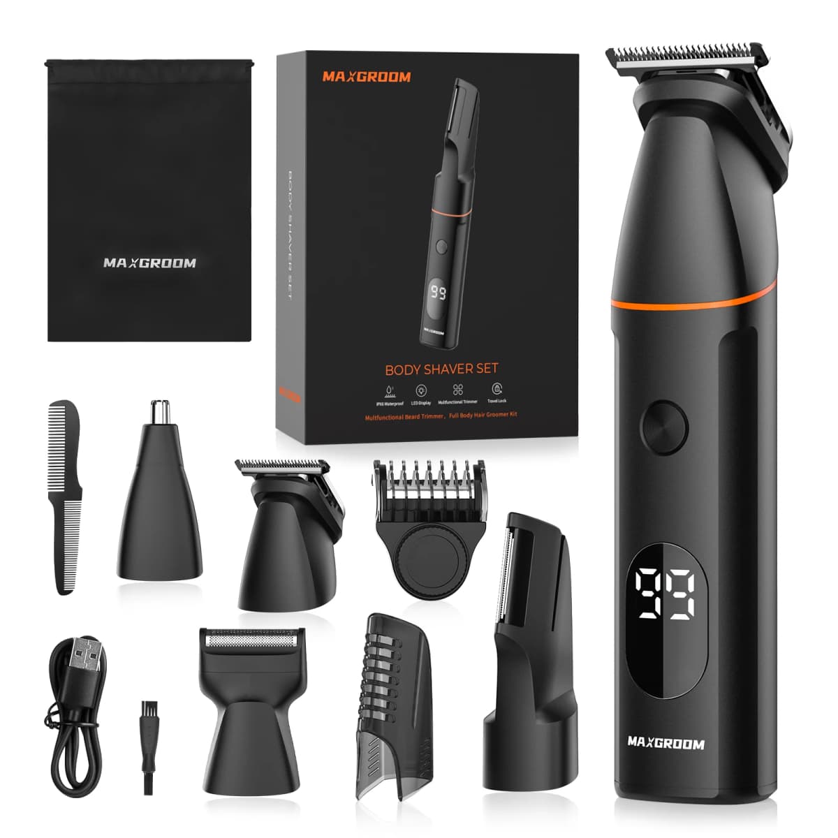 MAXGROOM Manscape Body Hair Trimmer 4 in 1 IPX6 Waterproof Pubic & Groin Shave Electric Grooming Kit for Men Nose Beard Trimmer