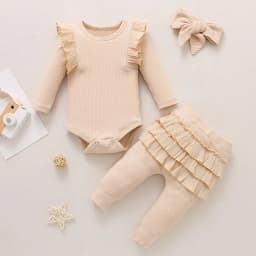 Newborn Baby Girls Clothes Infant Long Sleeve Ruffle Romper Bodysuits+Pants+Bow Headband 3Pcs Suit Children Toddler Outfit A422