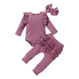 Newborn Baby Girls Clothes Infant Long Sleeve Ruffle Romper Bodysuits+Pants+Bow Headband 3Pcs Suit Children Toddler Outfit A422