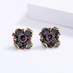 New Personality Flower-Shaped Earrings Fashion Sunflower Purple Zircon Black Gold Earrings Wedding Party Jewelry Gift