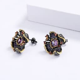 New Personality Flower-Shaped Earrings Fashion Sunflower Purple Zircon Black Gold Earrings Wedding Party Jewelry Gift