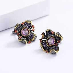 New Personality Flower-Shaped Earrings Fashion Sunflower Purple Zircon Black Gold Earrings Wedding Party Jewelry Gift