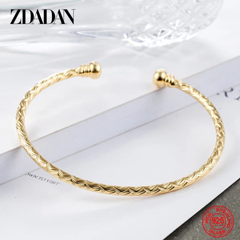 ZDADAN 925 Sterling Silver 18K Gold Open Cuff Bracelet&Bangle For Women Fashion Wedding Jewelry Gift
