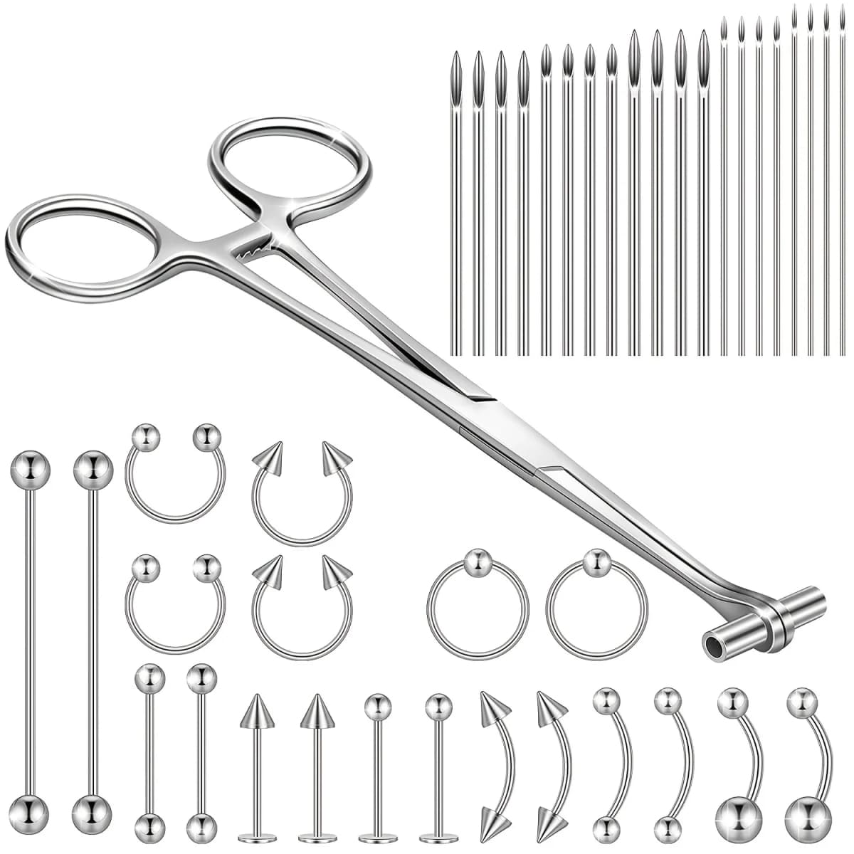 41pcs Body Piercing Tool Kit Include Septum Forceps Clamp Pliers 20 Pcs 316L Stainless Steel Piercing Needles And 20 Pcs Jewelry
