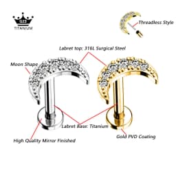 ASTM F136 G23 Titanium Flower Moon Heart Threadless Piercing Leaf Drop Pin Push in Lip Stud Daith Conch Earring 16G 18G 20G