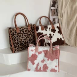 Women Soft Plush Hand Bag New Winter Leopard Cow Print Tote Bags Female Pu Leather Underarm Bags Furry Fluffy Shoulder Bag