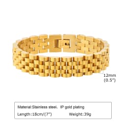 12mm Stainless Steel Link Chain Bracelet for Women, 18k Gold Plated Width Bangle, Stackable Jewelry