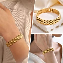 12mm Stainless Steel Link Chain Bracelet for Women, 18k Gold Plated Width Bangle, Stackable Jewelry