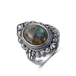 Silver Ring for Women Oval Round Natural Labradorite Ring Gift Sun Shaped Retro Luxury Fine Jewelry