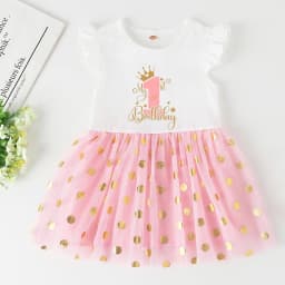 My 1st Birthday Little Girls Pink Dress Kid Princess Tutu Dresses Baby Birthday Party Outfits Toddler Short Sleeve Gold Dot Star