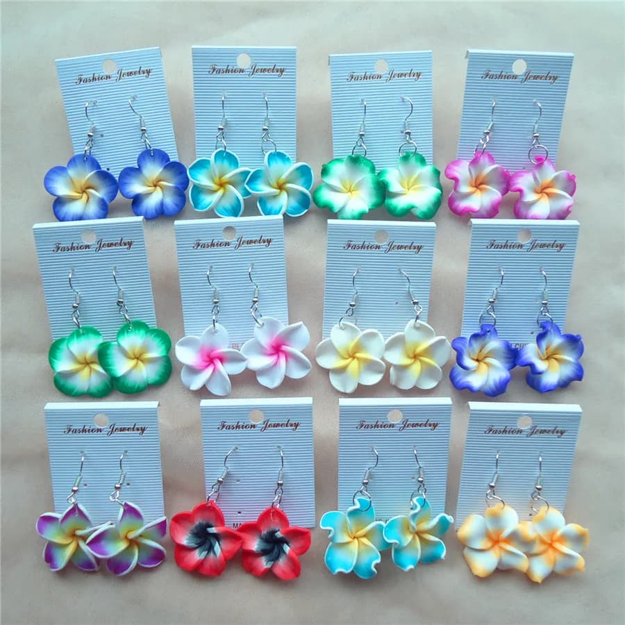 6/12pairs 3cm Polymer Clay Plumeria Flowers Hawaiian Earrings Mixed Frangipani Earrings For Women Hawaii Jewelry Accessories