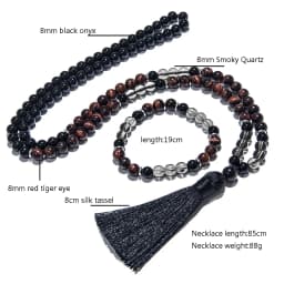 8mm Red Tiger Eye Black Onyx 108 Mala Beaded Necklace Yoga Prayer Meditation Rosary for Men and Women Japamala Jewelry Set