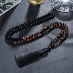 8mm Red Tiger Eye Black Onyx 108 Mala Beaded Necklace Yoga Prayer Meditation Rosary for Men and Women Japamala Jewelry Set