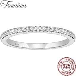Trumium 2mm Real S925 Sterling Silver Wedding Band Cubic Zirconia Full Eternity Stackable Engagement Rings for Women Gifts