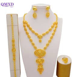 Indian Dubai Gold Color Jewelry Set For Women Bridal Long Necklace Set Nigerian Choker Necklace Bracelet Earring Ring Sets