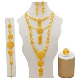 Indian Dubai Gold Color Jewelry Set For Women Bridal Long Necklace Set Nigerian Choker Necklace Bracelet Earring Ring Sets