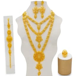 Indian Dubai Gold Color Jewelry Set For Women Bridal Long Necklace Set Nigerian Choker Necklace Bracelet Earring Ring Sets