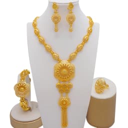 Indian Dubai Gold Color Jewelry Set For Women Bridal Long Necklace Set Nigerian Choker Necklace Bracelet Earring Ring Sets