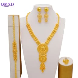 Indian Dubai Gold Color Jewelry Set For Women Bridal Long Necklace Set Nigerian Choker Necklace Bracelet Earring Ring Sets