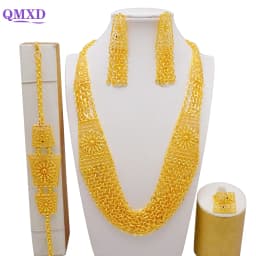 Indian Dubai Gold Color Jewelry Set For Women Bridal Long Necklace Set Nigerian Choker Necklace Bracelet Earring Ring Sets