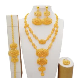 Indian Dubai Gold Color Jewelry Set For Women Bridal Long Necklace Set Nigerian Choker Necklace Bracelet Earring Ring Sets