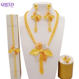 Indian Dubai Gold Color Jewelry Set For Women Bridal Long Necklace Set Nigerian Choker Necklace Bracelet Earring Ring Sets