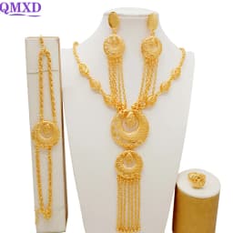 Indian Dubai Gold Color Jewelry Set For Women Bridal Long Necklace Set Nigerian Choker Necklace Bracelet Earring Ring Sets