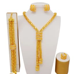 Indian Dubai Gold Color Jewelry Set For Women Bridal Long Necklace Set Nigerian Choker Necklace Bracelet Earring Ring Sets