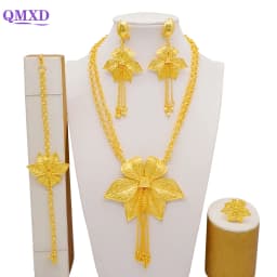 Indian Dubai Gold Color Jewelry Set For Women Bridal Long Necklace Set Nigerian Choker Necklace Bracelet Earring Ring Sets