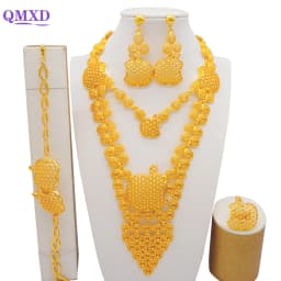 Indian Dubai Gold Color Jewelry Set For Women Bridal Long Necklace Set Nigerian Choker Necklace Bracelet Earring Ring Sets