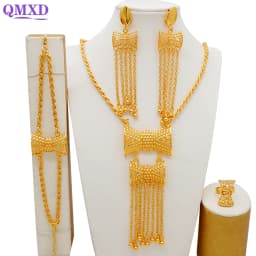 Indian Dubai Gold Color Jewelry Set For Women Bridal Long Necklace Set Nigerian Choker Necklace Bracelet Earring Ring Sets