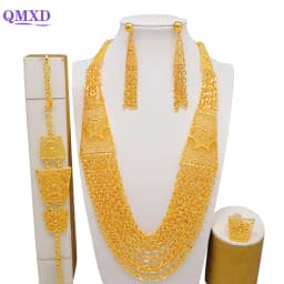 Indian Dubai Gold Color Jewelry Set For Women Bridal Long Necklace Set Nigerian Choker Necklace Bracelet Earring Ring Sets