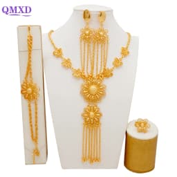 Indian Dubai Gold Color Jewelry Set For Women Bridal Long Necklace Set Nigerian Choker Necklace Bracelet Earring Ring Sets