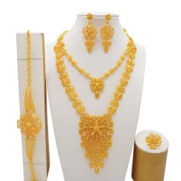 Indian Dubai Gold Color Jewelry Set For Women Bridal Long Necklace Set Nigerian Choker Necklace Bracelet Earring Ring Sets