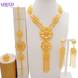 Indian Dubai Gold Color Jewelry Set For Women Bridal Long Necklace Set Nigerian Choker Necklace Bracelet Earring Ring Sets