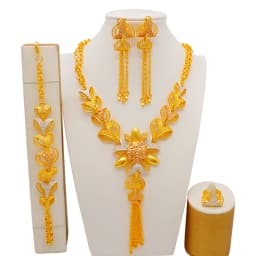 Indian Dubai Gold Color Jewelry Set For Women Bridal Long Necklace Set Nigerian Choker Necklace Bracelet Earring Ring Sets